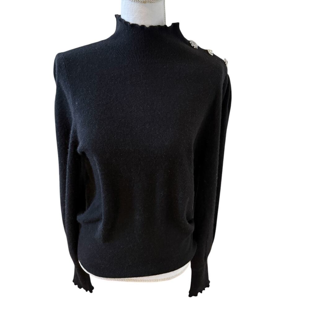 Tahari Cashmere Ruffle Neck Sweater Rhinestone & Pearl Button Trim Black L